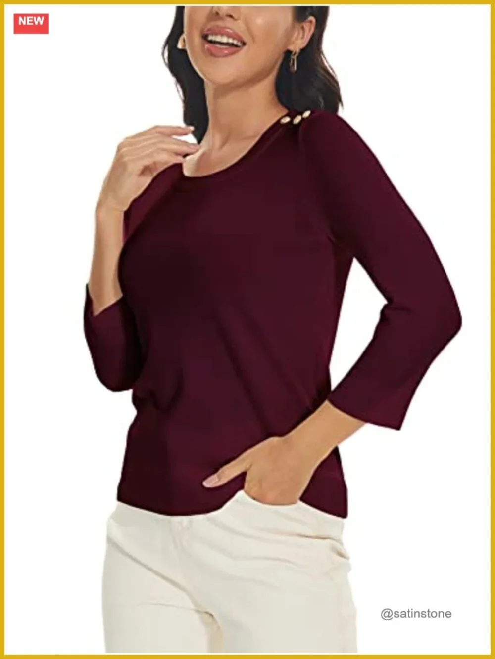 Women's 3/4 Sleeve Crewneck Sweater with Shoulder Buttons - Lightweight - Picture 3 of 5